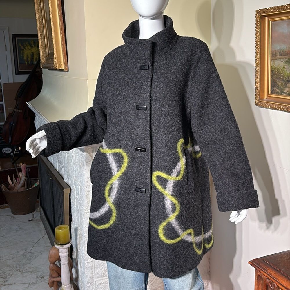 Aino Finland Dark Grey & Lime Green Wool Car Length Coat - Picture 5 of 15